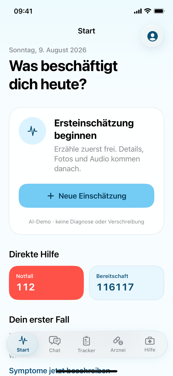 Aktueller Startbildschirm der SymptomView App mit dem nächsten ruhigen Schritt