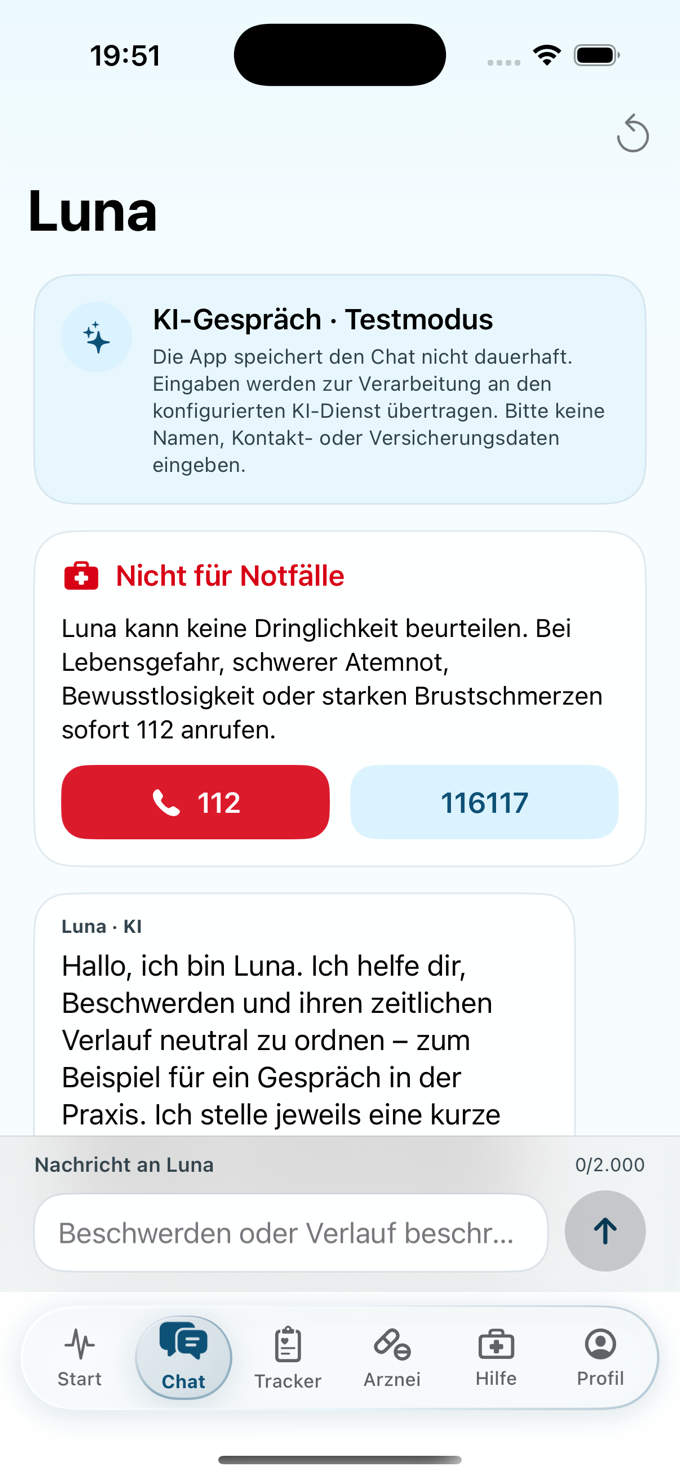 Aktueller Luna-Bildschirm mit Testmodus, Datenhinweis, Notfallgrenze und Gesprächseinstieg